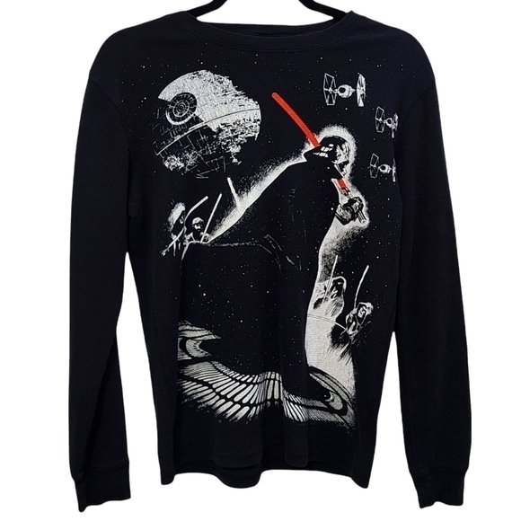 Star Wars Youth Long Sleeve Thermal Tee Black White Darth Vader Graphic, Medium - Picture 1 of 15